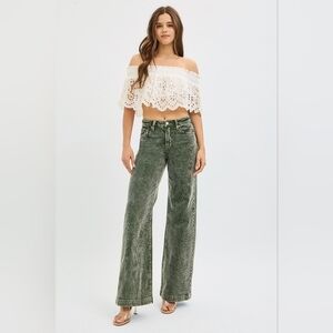 Risen High Rise Wide Leg Corduroy Jeans Hunter Forest Green Stretch Various NEW